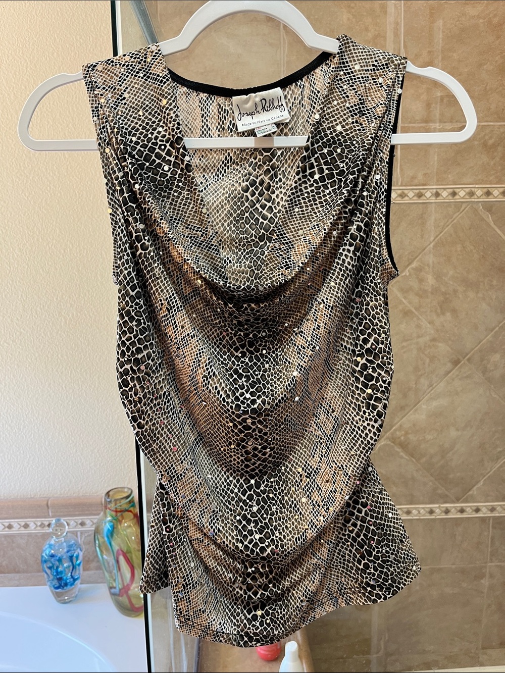 Joseph Ribkoff Brown and Cream Snake-Print Cowl Neck Camisole